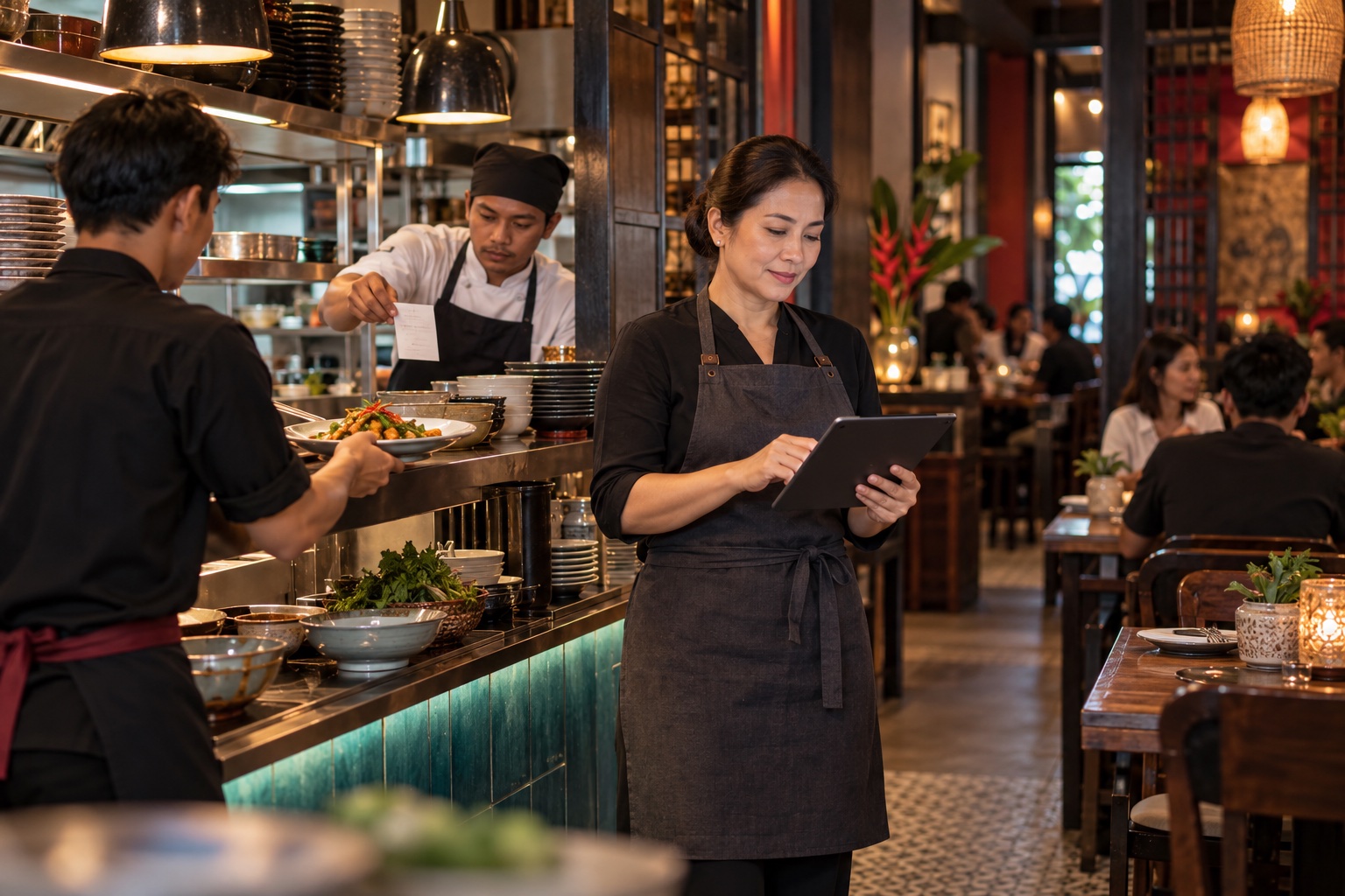ภาพจำลองเจ้าของร้านตรวจออเดอร์ร่วมกับทีมครัวและพนักงานเสิร์ฟ