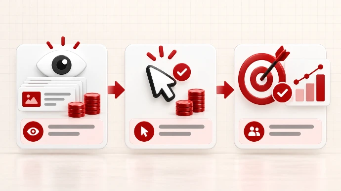 ภาพเปรียบเทียบเป้าหมายโฆษณาแบบ Impression Valid Click และ Conversion