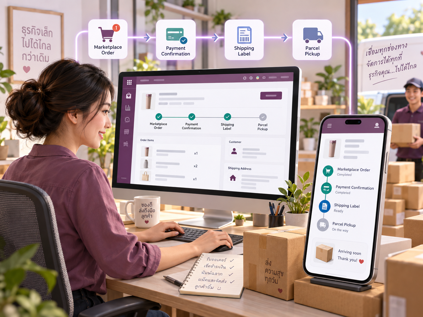 ผู้ประกอบการทำงานบนคอมพิวเตอร์และมือถือ โดย Odoo เชื่อม Marketplace Payment และ Shipping